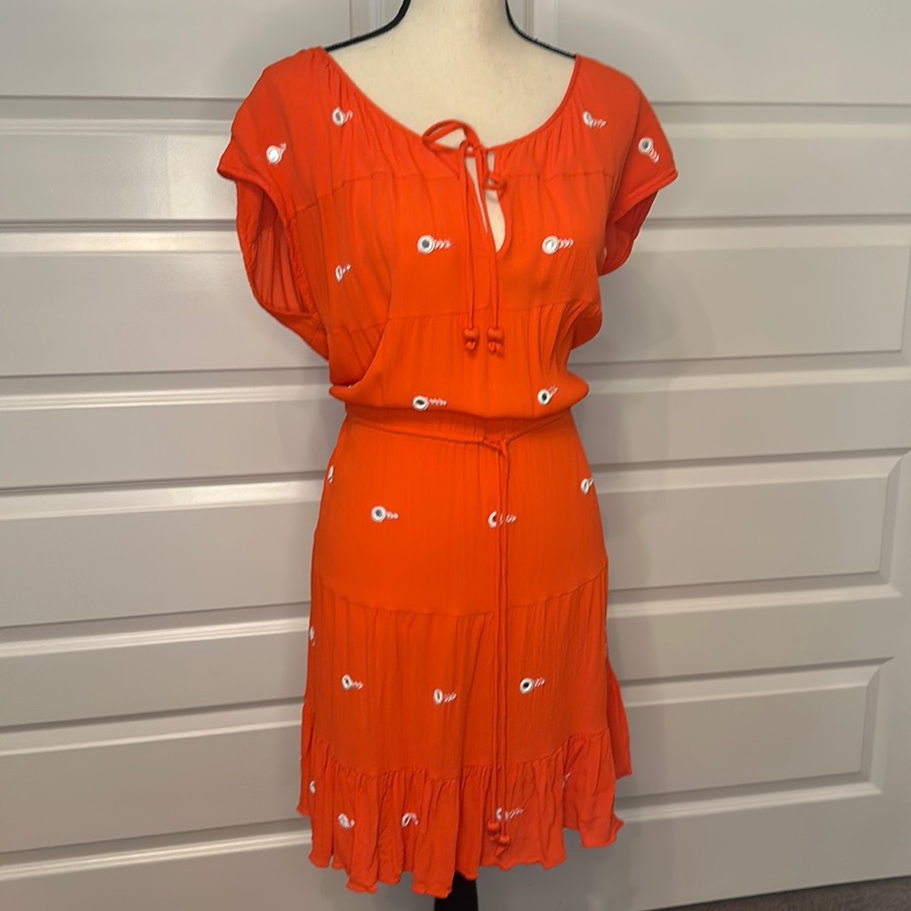 Bright orange summer dress.Mirror details.Tie waist/teared skirt/tie neck. Sz 12